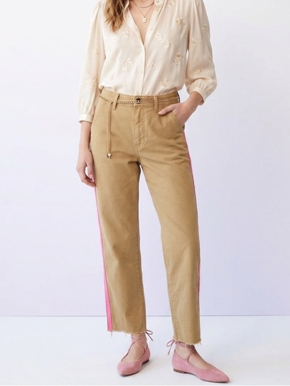 New Abercrombie Beige Highrise Straight Ankle Pants Pink Stripe Size 26 Cotton